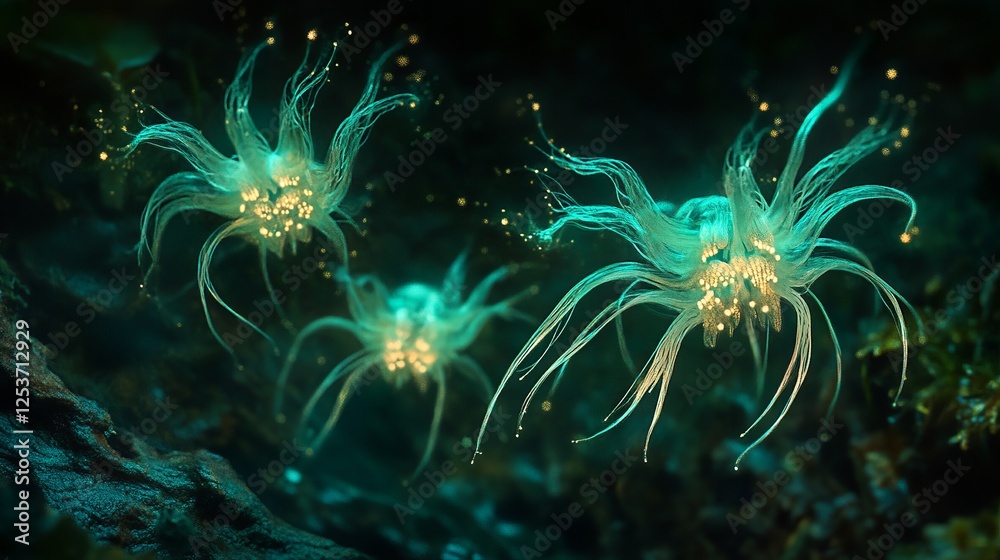 Obraz premium Glowing tiny creatures in underwater scene ocean depths close-up photography magical environment ethereal viewpoint