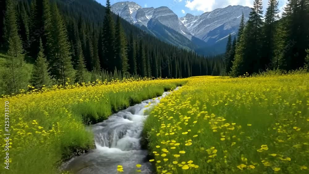 Mountain valley wildflowers stream summer landscape nature scenic postcard