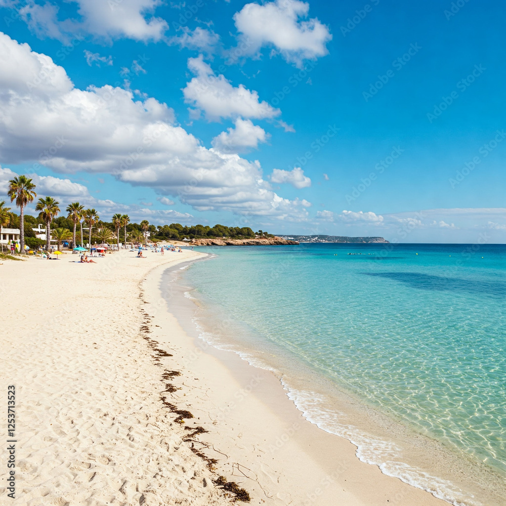 Mediterranean long  beach with incredible turquoise waters. Sandy white shore stretching with some palm trees at the background and vivid blue sky.Concept of summer, sun and beach holiday vacation.