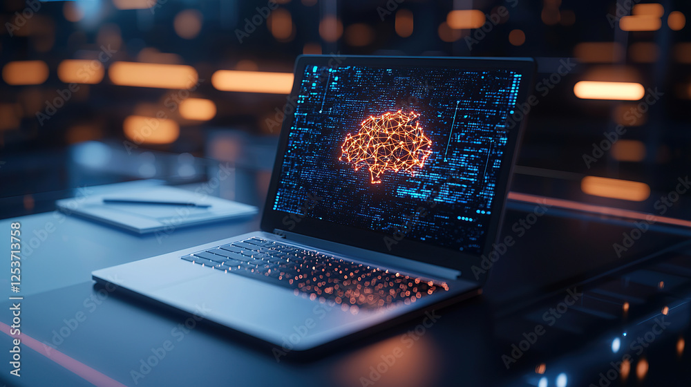 laptop displaying digital brain on screen, symbolizing AI technology, is set on sleek desk in futuristic office environment with ambient lighting laptop displaying digital brain on screen, symbolizing AI technology, is set on sleek desk in futuristic office environment with ambient lighting