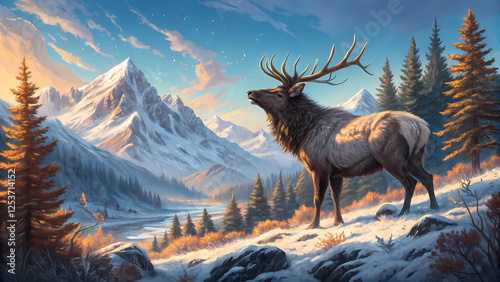 Majestic Elk in Snowy Mountain Wilderness