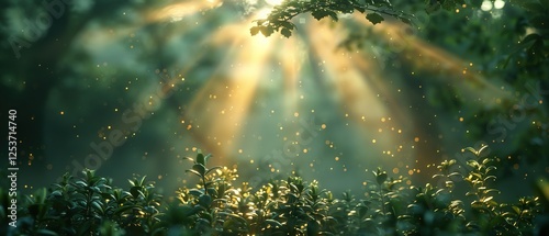 sun beams in an spring foggy morning forest