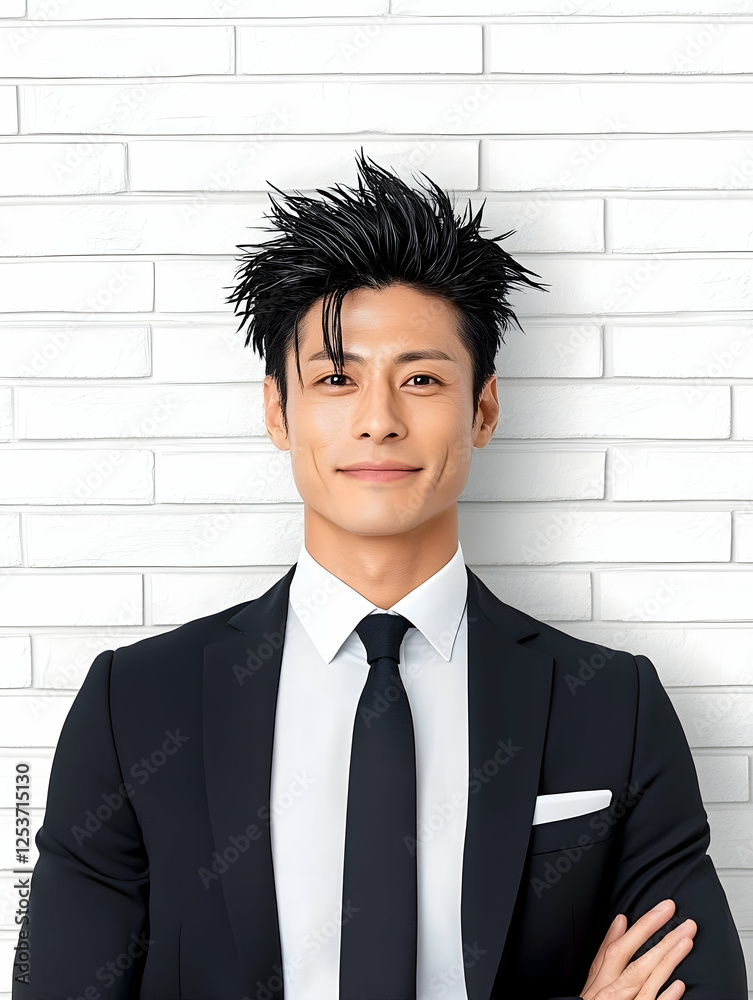 Professional man in a suit smiles, ideal for business profiles against brick wall backdrop, conveying success & confidence Professional man in a suit smiles, ideal for business profiles against brick wall backdrop, conveying success & confidence