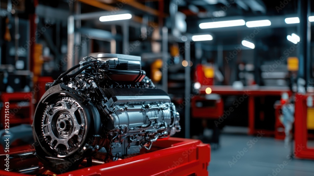 Powerful modern engine in well-equipped automotive workshop Powerful modern engine in well-equipped automotive workshop