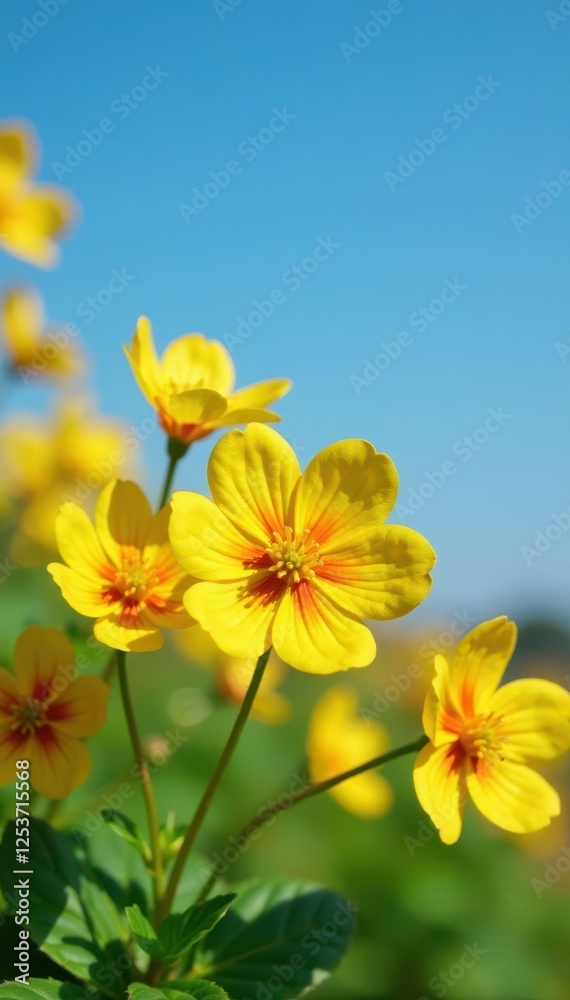 Fototapeta premium Bacopa monnieri flowers in shades of yellow and orange against a blue sky, flora, herbal, garden