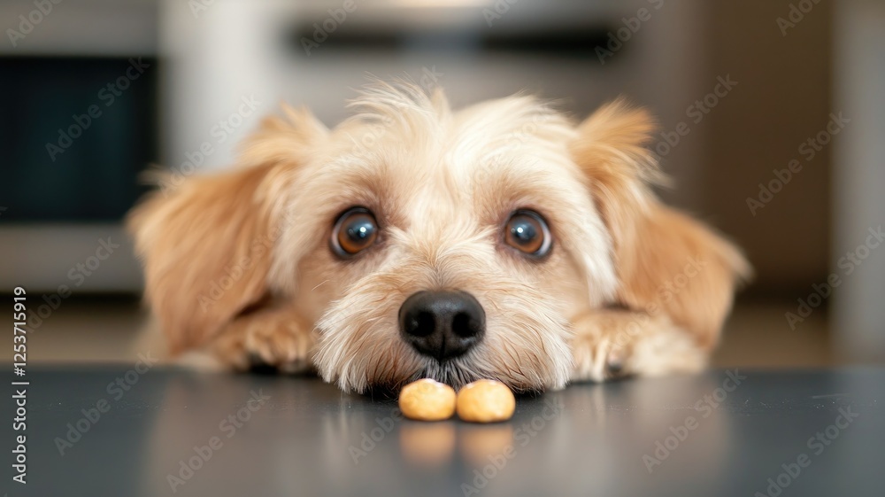 Adorable dog eagerly staring at two treats on table Adorable dog eagerly staring at two treats on table