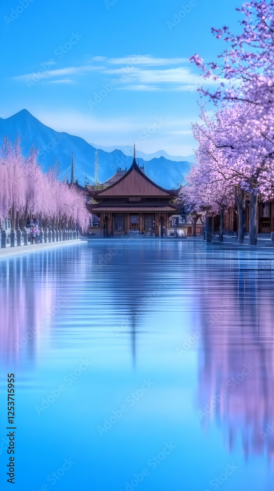 Fototapeta premium Scenic temple reflection amid spring blossom trees & mountains. Use as travel advertisement or nature wallpaper