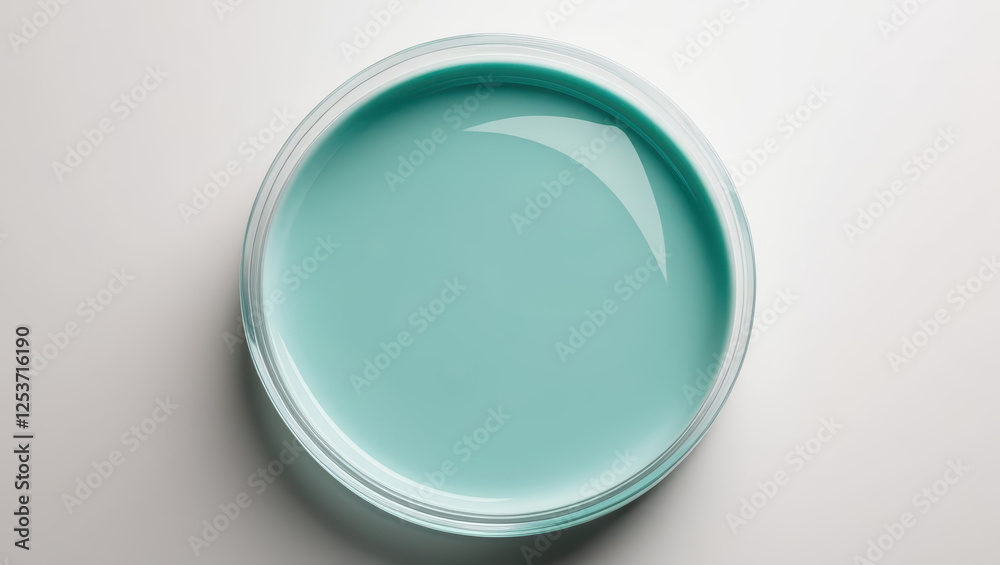 light teal liquid fills petri dish, viewed from above, with glossy surface reflecting light. smooth texture and vibrant color create serene and scientific atmosphere light teal liquid fills petri dish, viewed from above, with glossy surface reflecting light. smooth texture and vibrant color create serene and scientific atmosphere