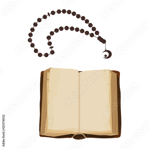 Brown old opened empty book and prayer beads