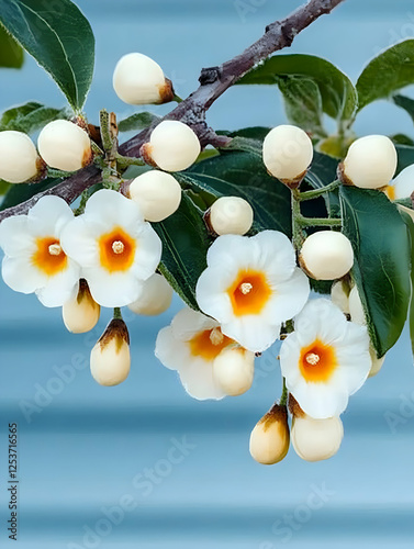 Silverbell blossoms and buds on a branch against a soft blue background for nature themes photo