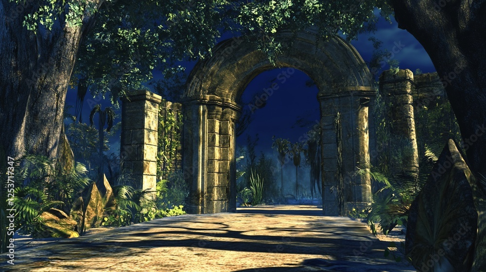 Obraz premium Ancient stone archway in overgrown jungle at dusk.