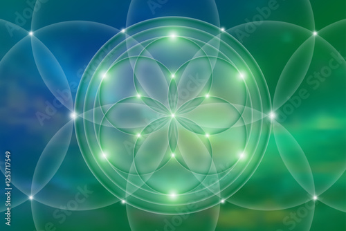 Sacred geometry, Flower of life. Mystical lotus spiritual new age futuristic illustration with transmutation interlocking circles, bright neon sign, symbol of harmony and balance, blurry background