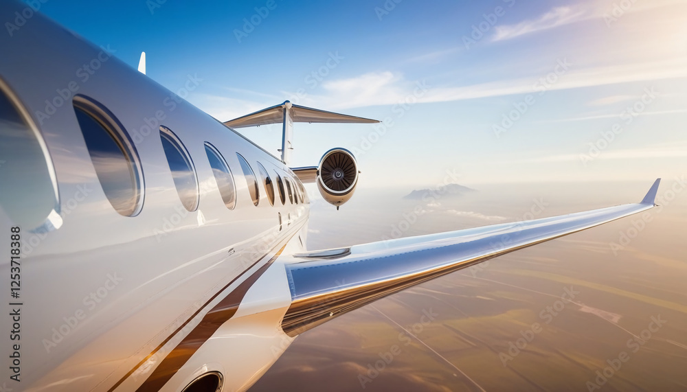 Fototapeta premium Luxury private jet flying above the clouds with a sleek metallic body reflecting sunlight