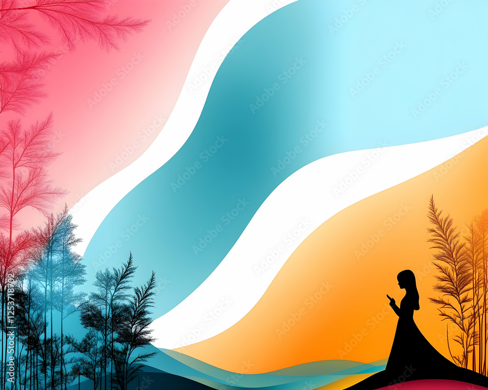 Woman using phone in colorful background. Mobile communication, social media, digital lifestyle. Design background for website or presentation Woman using phone in colorful background. Mobile communication, social media, digital lifestyle. Design background for website or presentation