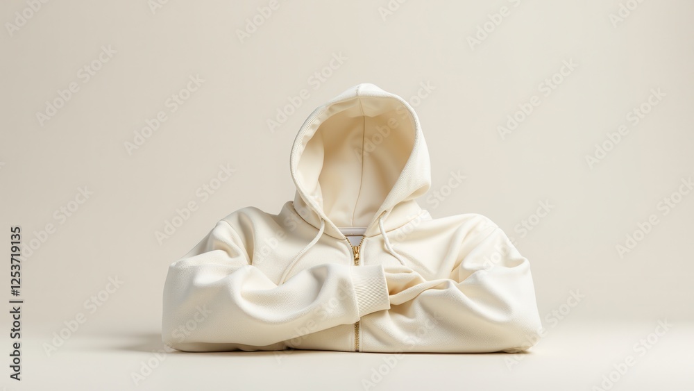 Hoodie Mockup on Flat Lay, Patterned paper cream hoodie folded with zip detail photorealistic. Hoodie Mockup on Flat Lay, Patterned paper cream hoodie folded with zip detail photorealistic.