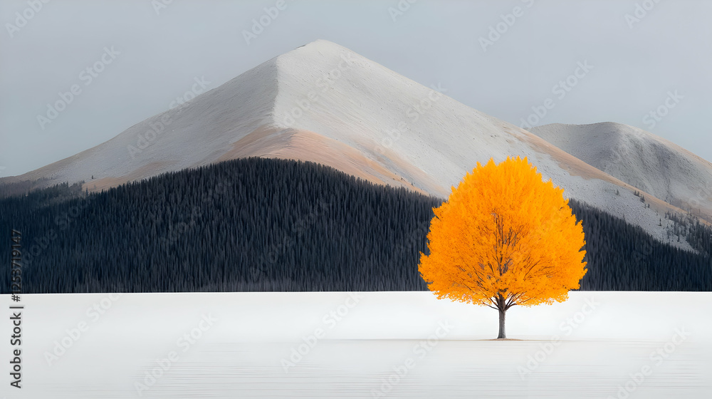 Lone golden aspen in snowy field, mountains background; nature serenity