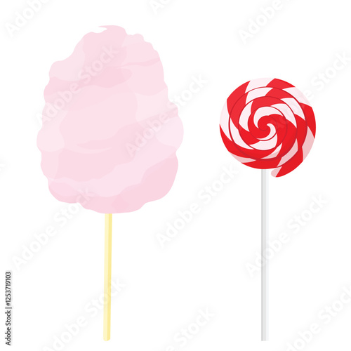 Pink cotton candy and swirl round candy lollipop on wooden stick