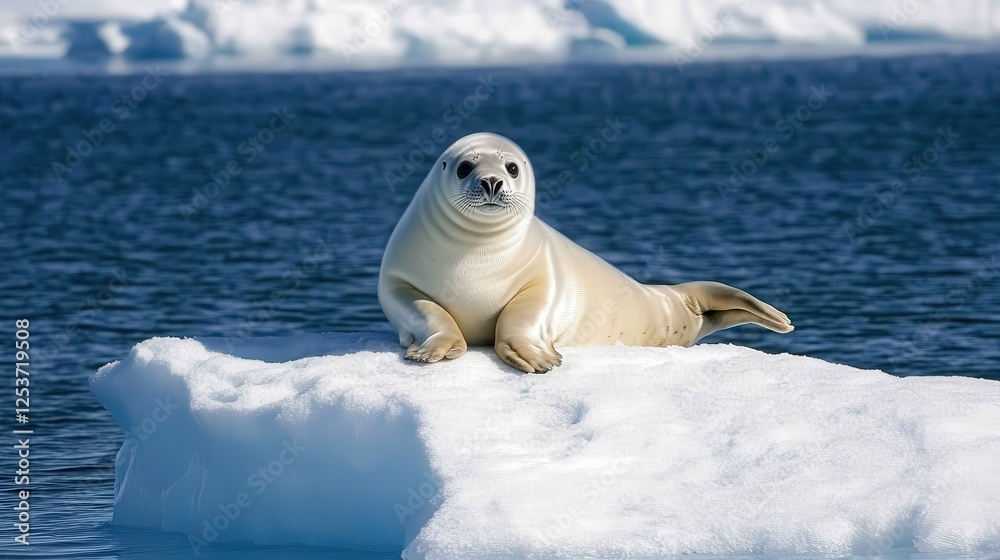 Fototapeta premium A crabeater seal lounging on a floating iceberg, gazing curiously at the camera