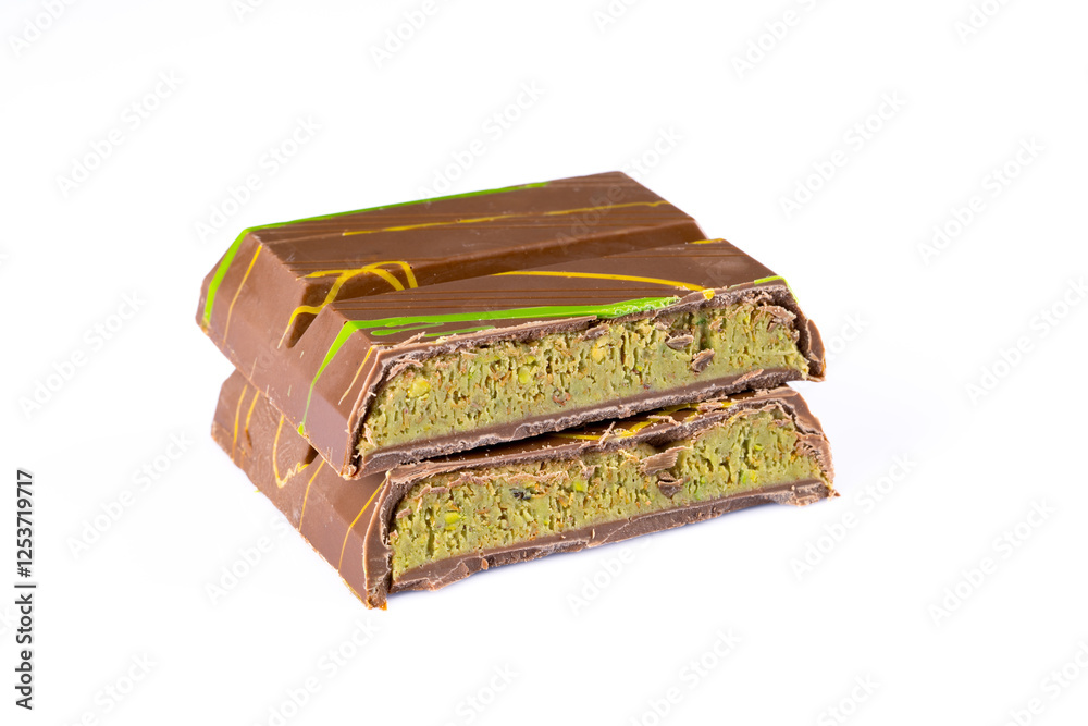 Chocolate bar filled with pistachio kunafa. Dubai chocolate Chocolate bar filled with pistachio kunafa. Dubai chocolate