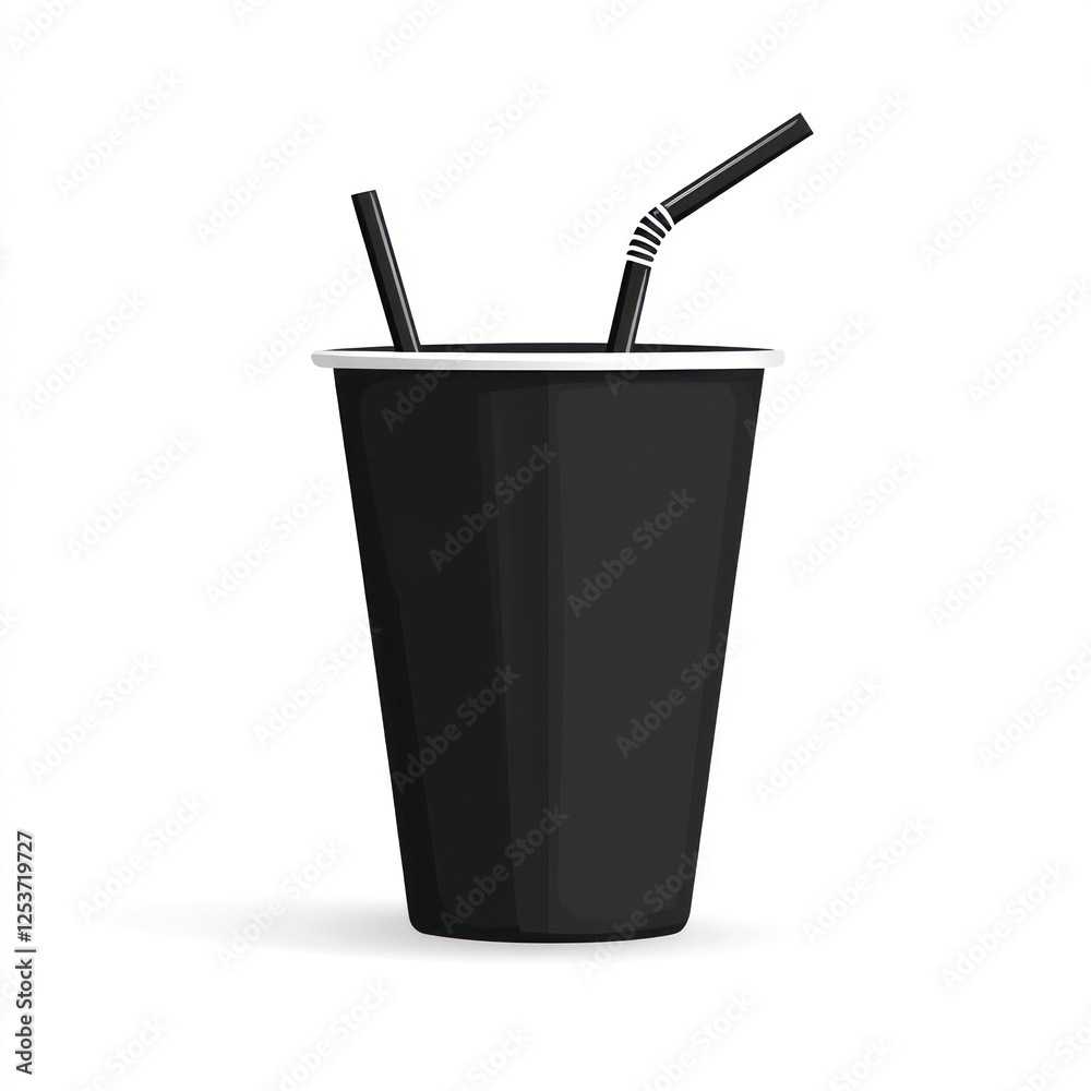 Black paper disposable cup with drinking straws on white background Black paper disposable cup with drinking straws on white background