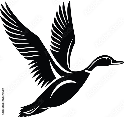 A beautiful flying Mallard Duck vector art, Mallard Duck silhouette vector illustration, Mallard Duck line art vector icon design
