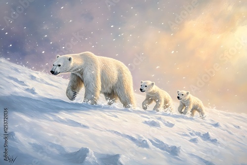 Polar Bear Mother and Cubs Walking in Snow