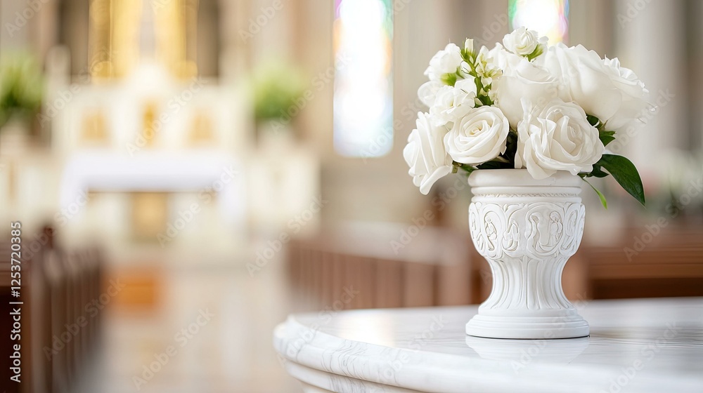 Fototapeta premium Ornate White Vase with White Roses in a Church Setting