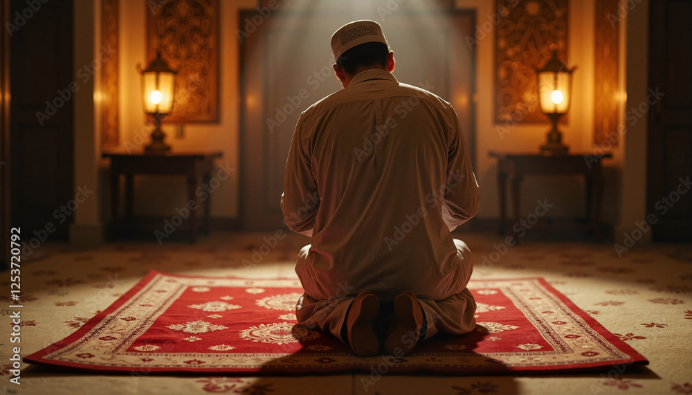 Muslim man praying in serene setting, spiritual reflection Muslim man praying in serene setting, spiritual reflection