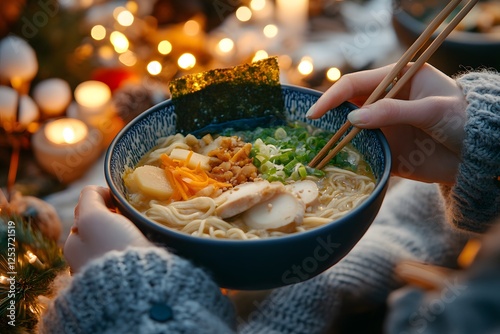 Cozy Winter Ramen Bowl with Candlelight