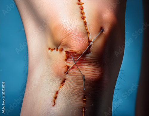 Fresh surgical stitches on a knee after an operation, emphasizing precision in medical care.