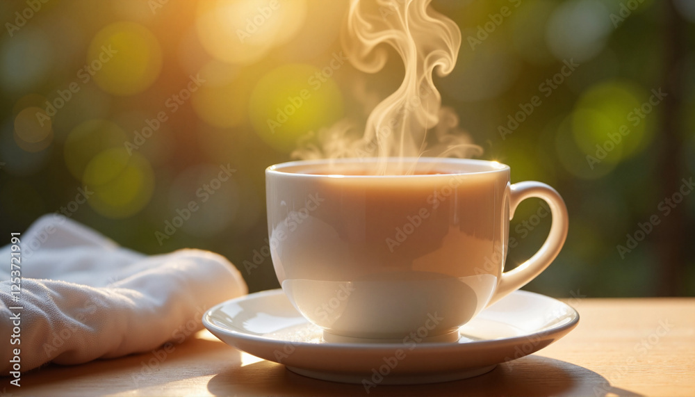 Steam rising from delicate tea cup in cozy setting, warmth and comfort Steam rising from delicate tea cup in cozy setting, warmth and comfort