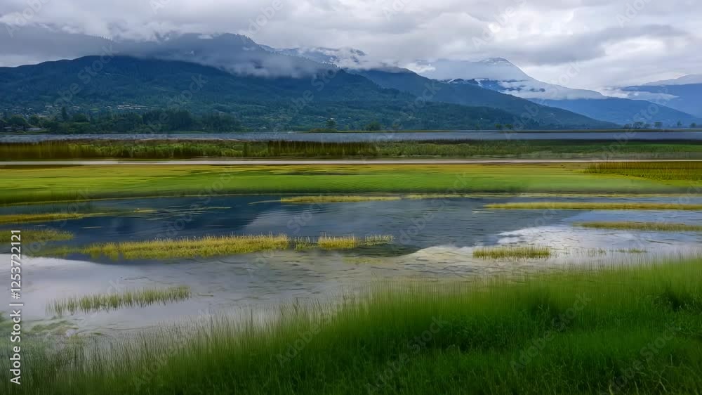 Serene lake view, mountain backdrop, cloudy day, tranquil wetland scene; ideal for travel brochures