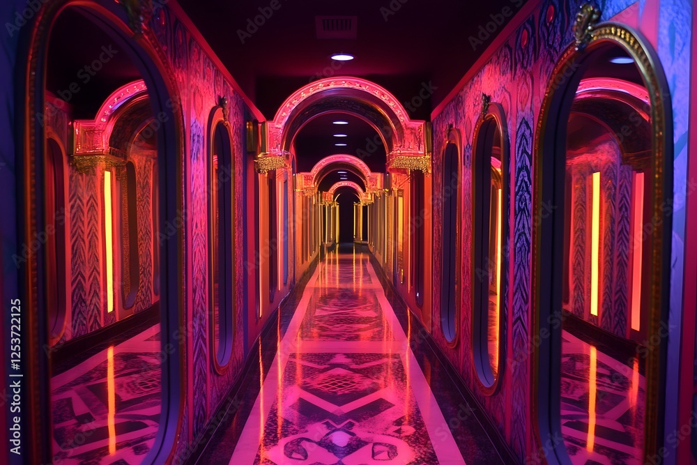 Surreal Neon Mirror Hallway with Infinite Reflections Surreal Neon Mirror Hallway with Infinite Reflections