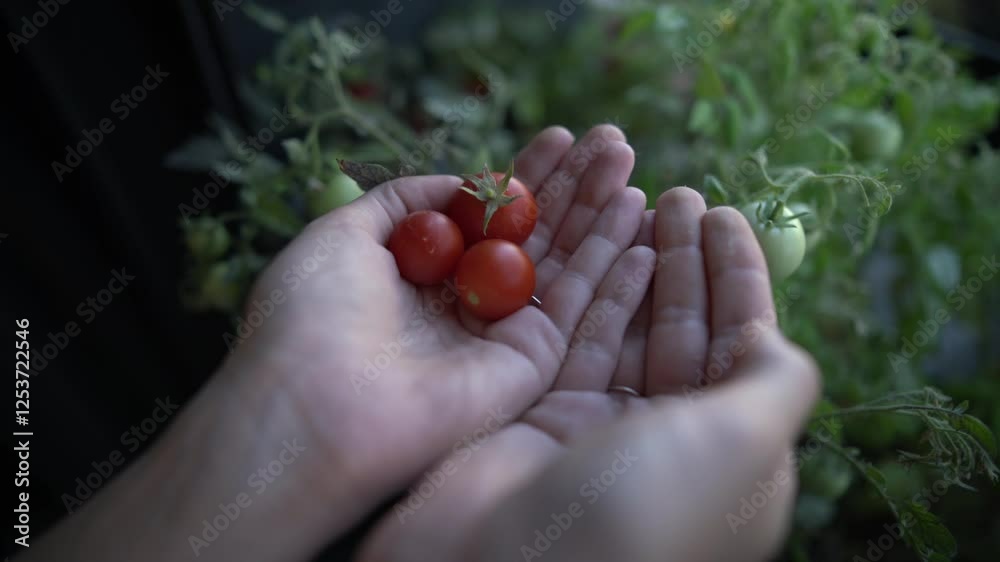 woman holding a tomatoes in the own garden woman holding a tomatoes in the own garden