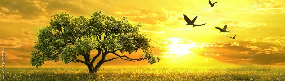 Obraz premium Sunrise over field with tree and birds, peaceful scene, nature, background