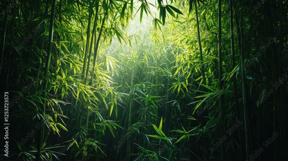 Naklejka premium Lush Green Bamboo Forest with Sunlight Filtering Through Leaves and Creating a Serene Nature Setting
