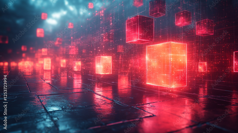 Digital cubes glow in a futuristic environment with reflections and bright colors Digital cubes glow in a futuristic environment with reflections and bright colors