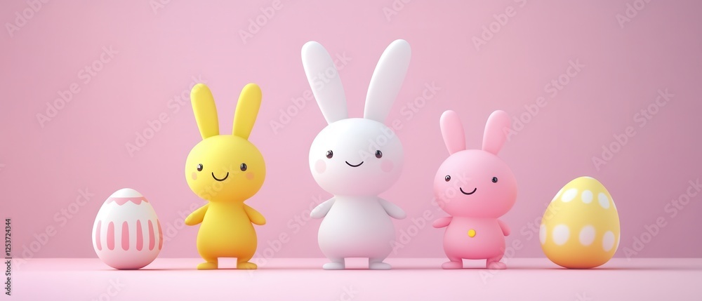 Obraz premium Three small plastic rabbits are positioned closely together beside a colorful egg, creating a charming and festive scene.
