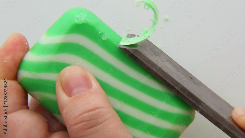 Green-striped soap being sliced into neat curls with precision, highlighting detailed textures and smooth motions. Captures ASMR satisfaction and a relaxing, creative vibe. Part 1 of 2