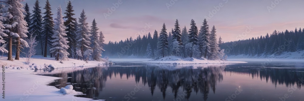Obraz premium Twilight over snow-covered trees surrounding frozen lake, tranquil setting, snowy branches, twilight sky