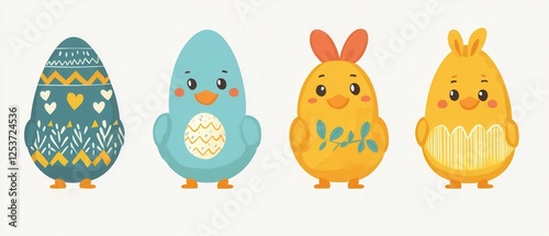 Three colorful Easter eggs feature playful faces and ears, embodying the festive spirit of springtime celebrations.
