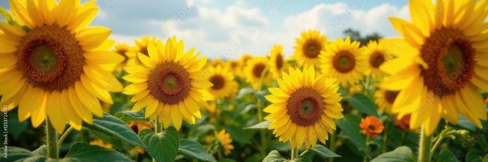 Fototapeta premium sunflower field with yellow and orange roses blooming, garden, yellow, orange