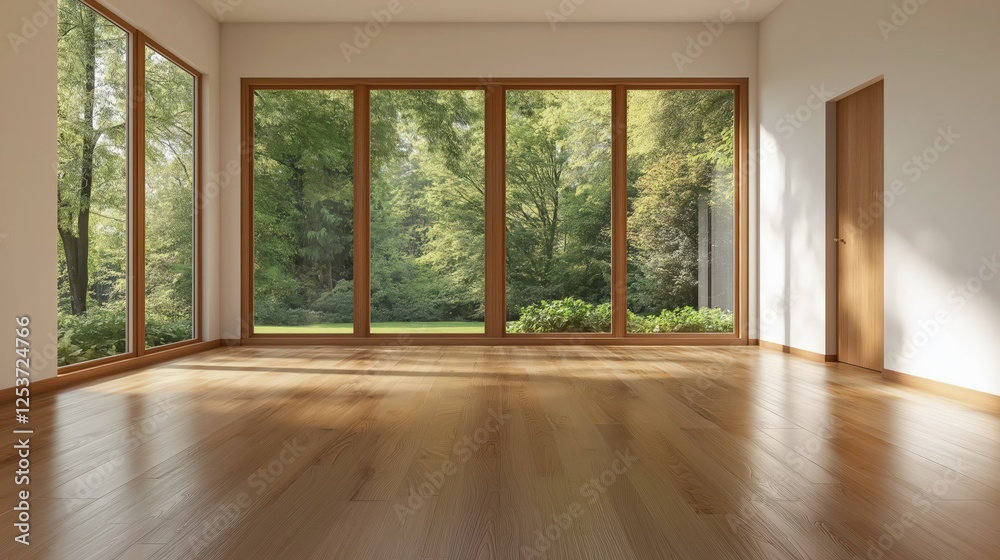 Fototapeta premium Empty Modern Interior Room With Large Windows And Green Trees View