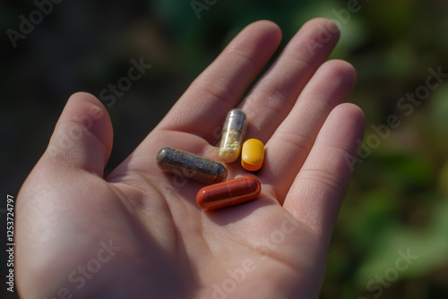  hand holding four different colored pills. The pills are in different shapes and sizes. The hand is holding the pills in a way that they are not touching each other photo