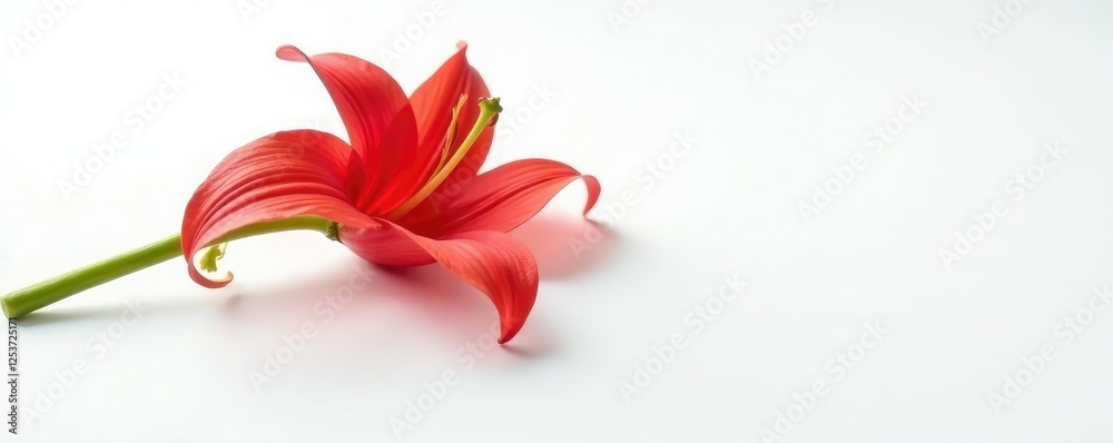 Red flame lily on white background wilting slowly, red flowers dropping, botanical decline Red flame lily on white background wilting slowly, red flowers dropping, botanical decline