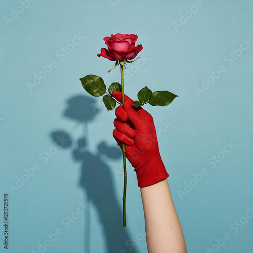 Hand in a red glove holding a red rose on blue backround