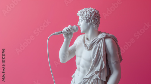 Ancient greek god white sculpture holding microphone on pink background