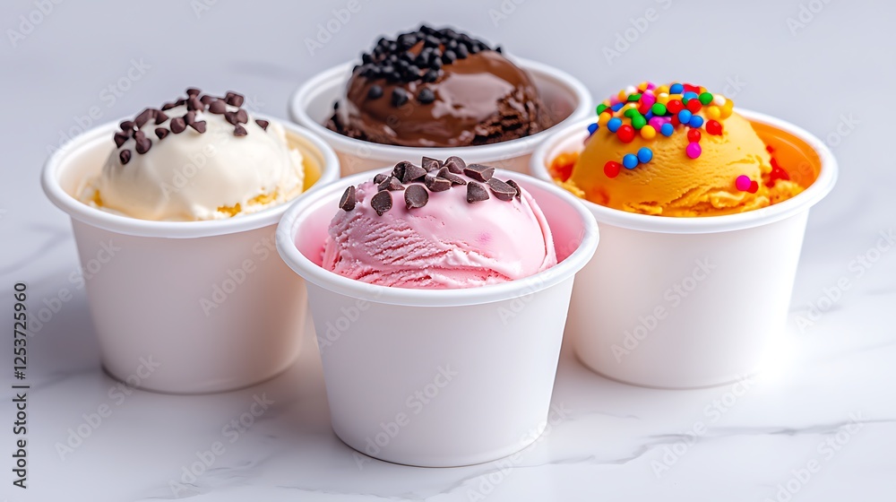 Four Scoops of Colorful Ice Cream in White Cups on Marble Background Four Scoops of Colorful Ice Cream in White Cups on Marble Background
