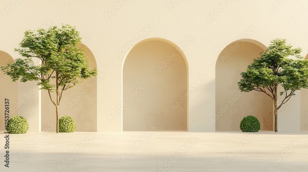 Fototapeta premium Modern architectural design with arched walls and greenery minimalist space urban environment