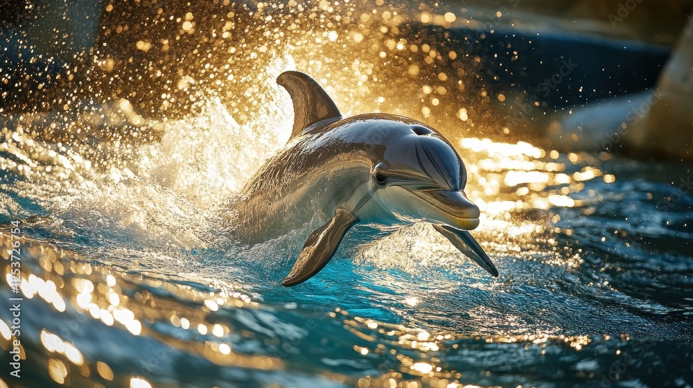 Fototapeta premium Majestic Dolphin Leaping Through Sparkling Water in a Natural Habitat, Capturing the Grace and Beauty of Marine Wildlife